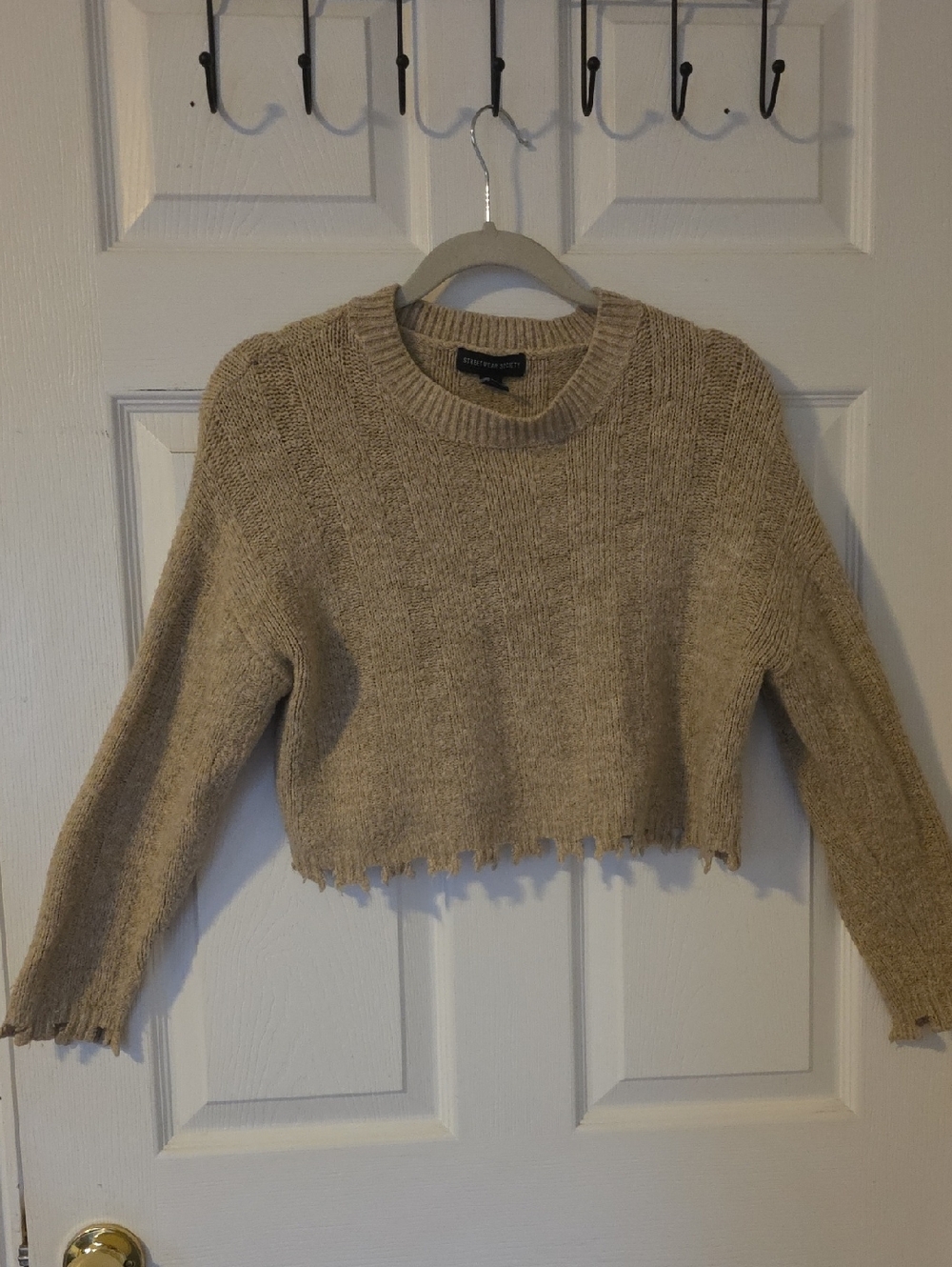 Beige Cropped Crew Neck Sweater